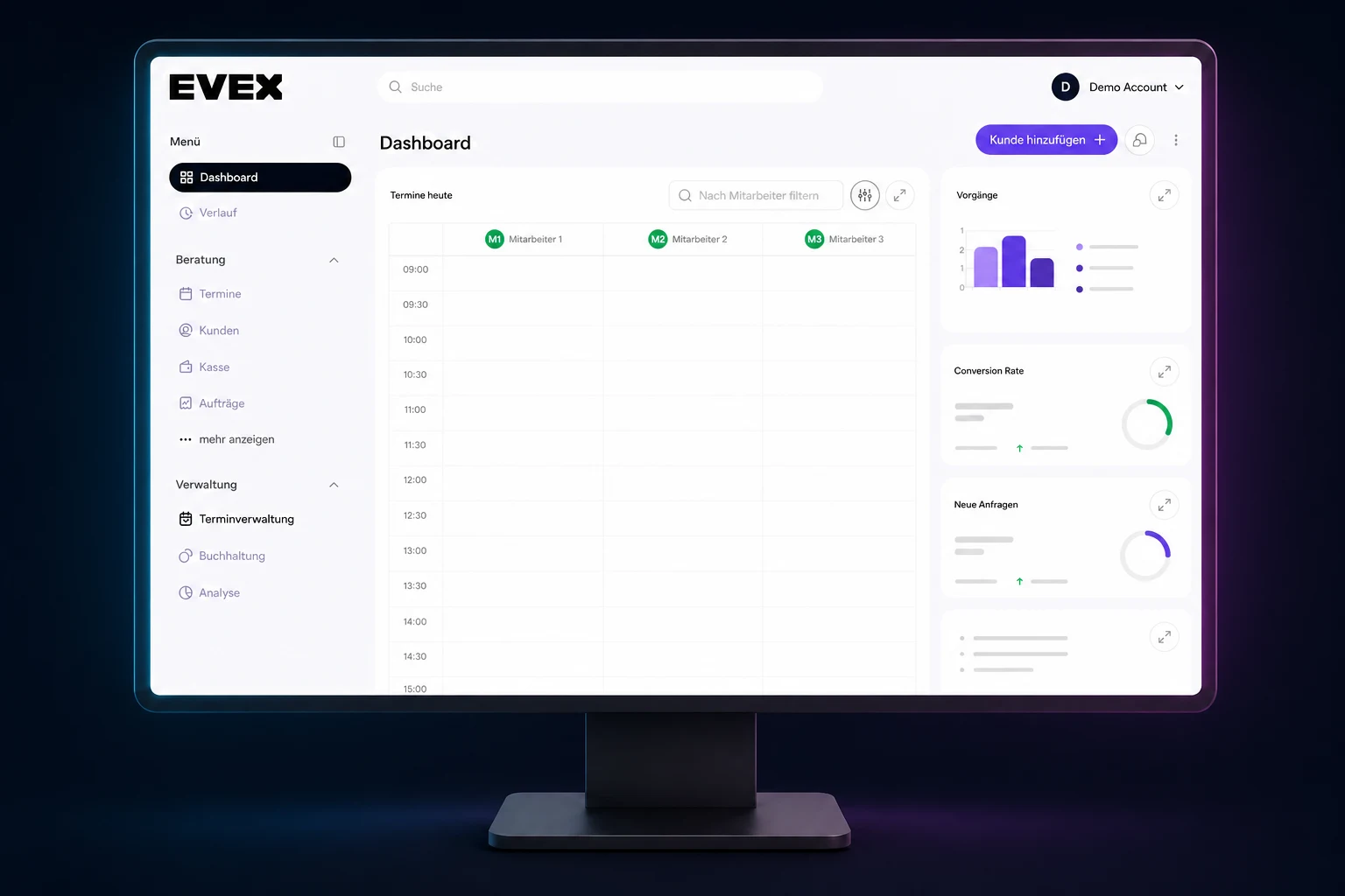 EVEX PMS dashboard displayed on a modern monitor